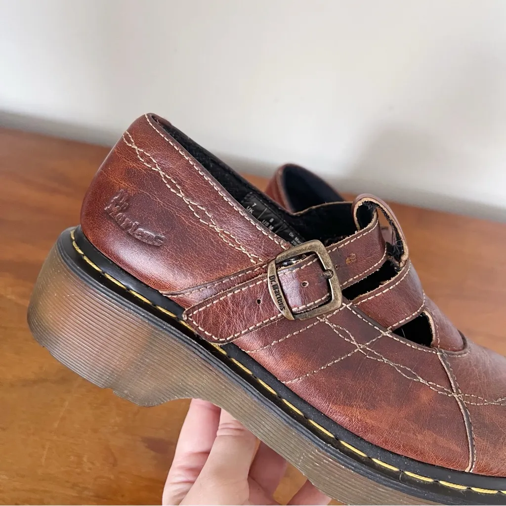 Dr Martens • vintage platform mary janes 2B94 brown leather t-strap cutout - Image 6