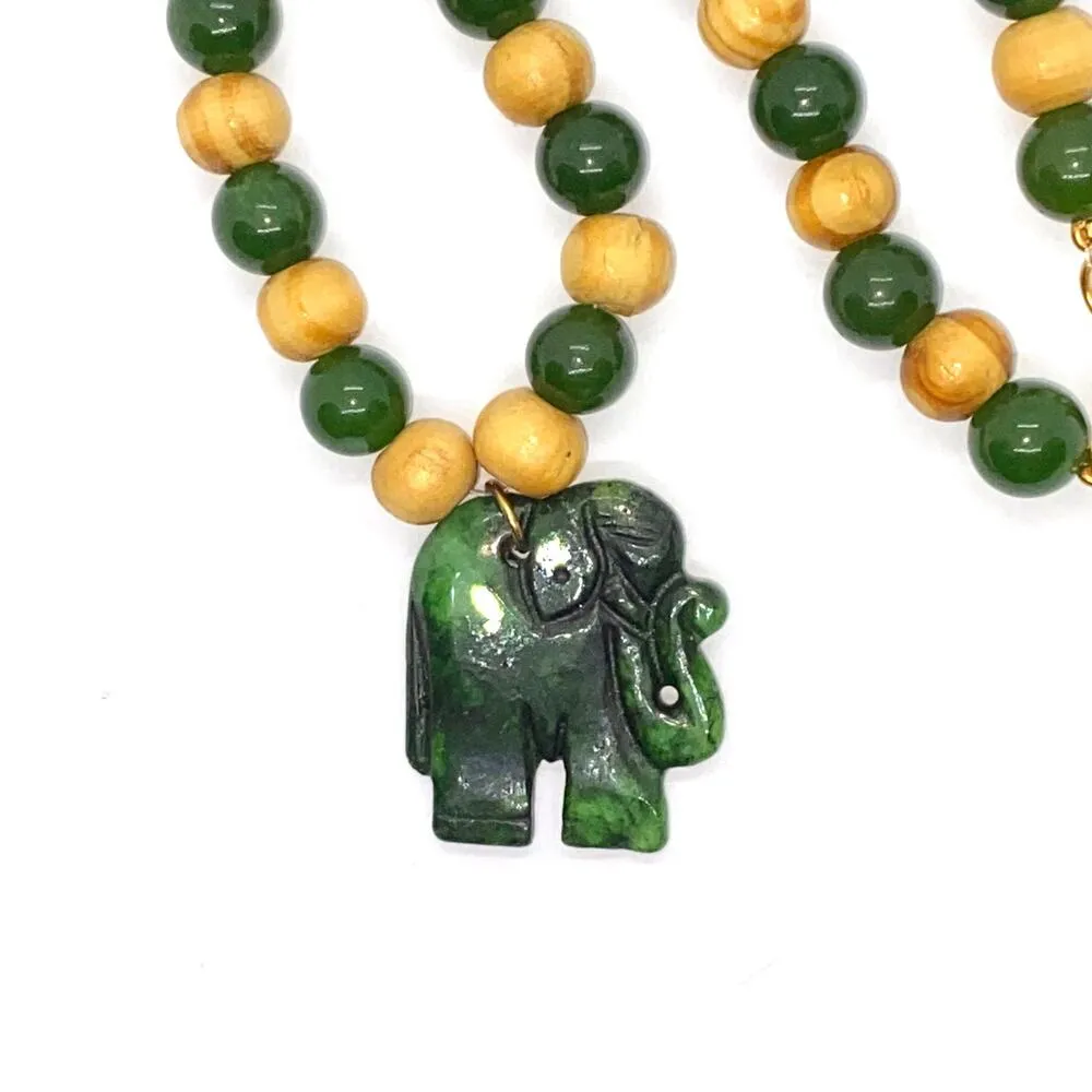 Handmade Beaded Wood & Green Elephant Necklace - Image 4