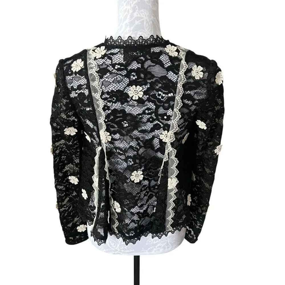 Alexis Cyndi Black Floral Applique Lace Long Sleeve Womens Top Shirt Xsmall - Image 3