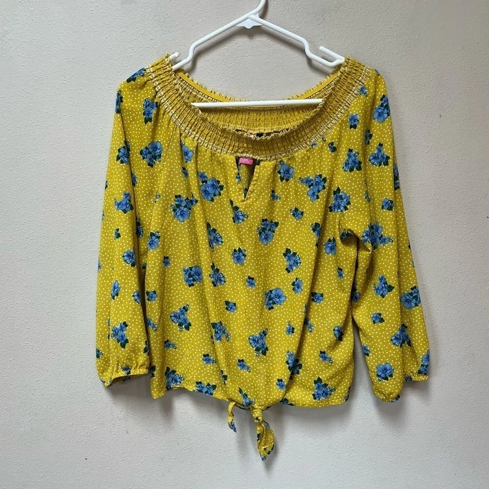 Y2K Yellow Floral Boho Tie Front Blouse Smocked Neckline - Image 9