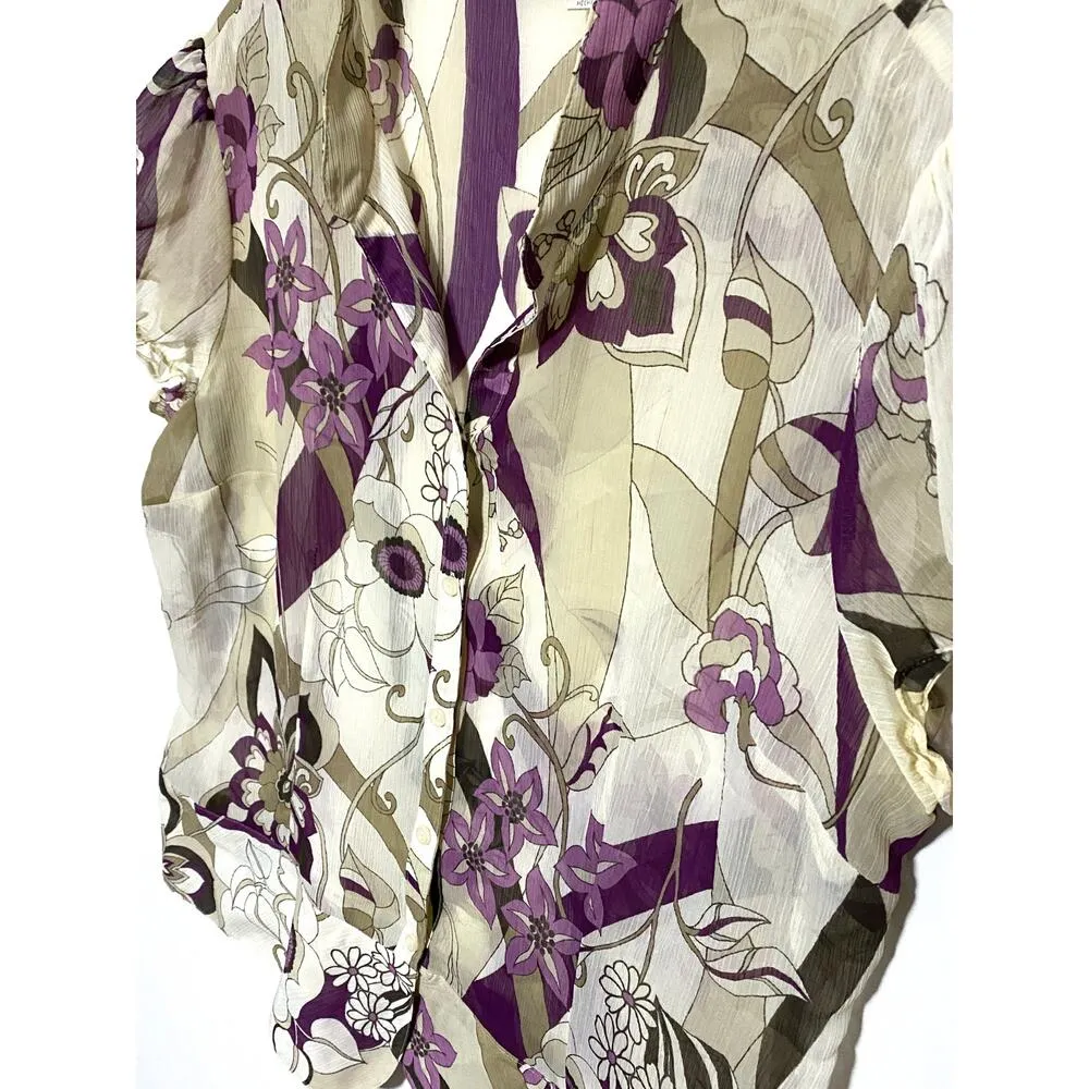 Worthington Button Blouse Floral Purple Polyester Womens 16 Sheer Sash Belt - Image 5