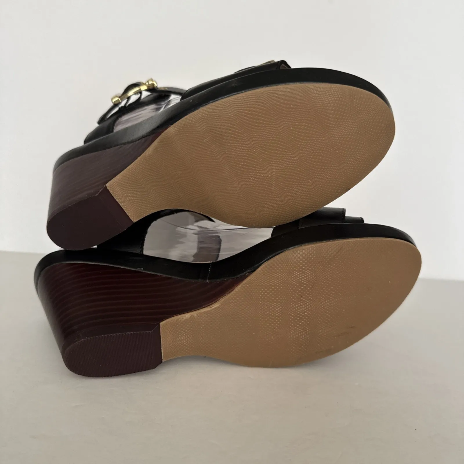 Bella-Vita Wedge Heels Jinny Black Gold Metal Buckles Neutral Gothic Size 8 Wide - Image 8