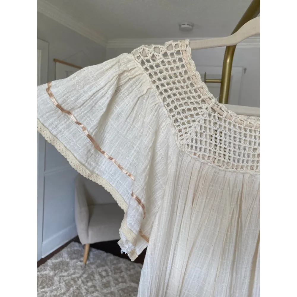 Vintage Cream Crochet Gauze Dress Cottagecore Prairie Boho Dream Summer Spring - Image 4