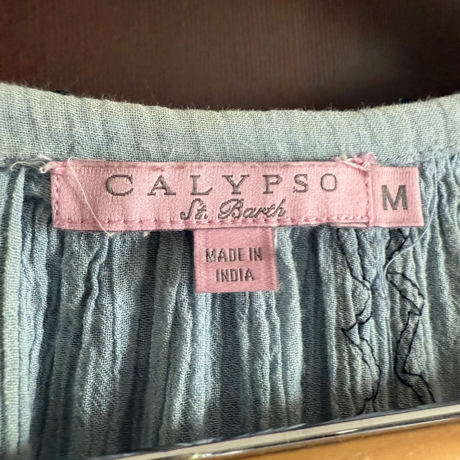 CALYPSO ST. BARTH | Blue Gauze Beaded Boho Peasant Top Short Sleeve  Medium - Image 5