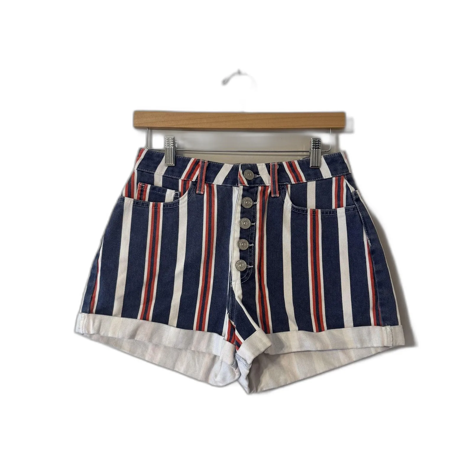 BDG Mom Shorts Womens 27 Red White Blue Striped Denim High Rise Button Fly - Image 2