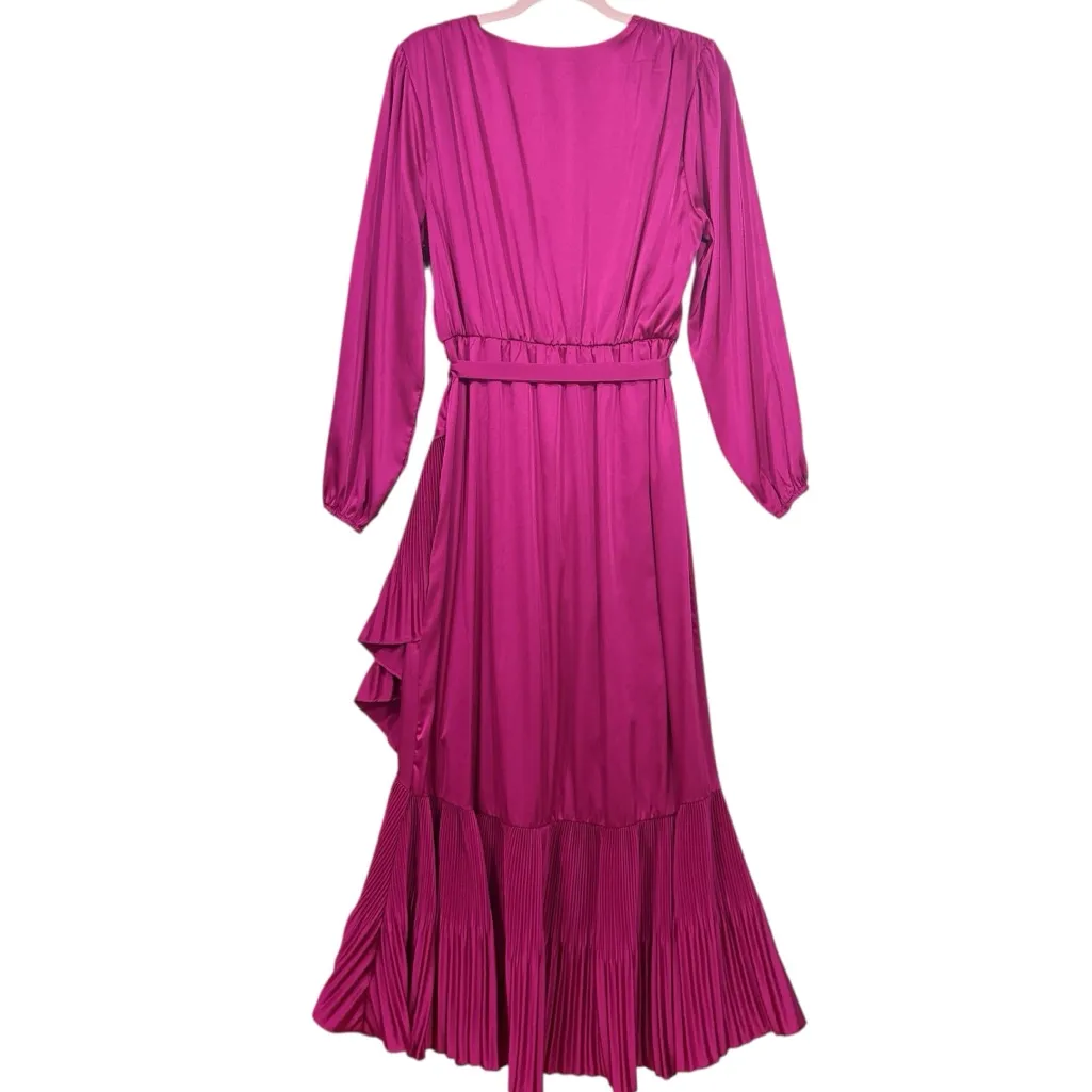 MILA MAE NWT $129 fushia pink asymmetric pleated belted long sleeve midi dress L Size L - Image 8