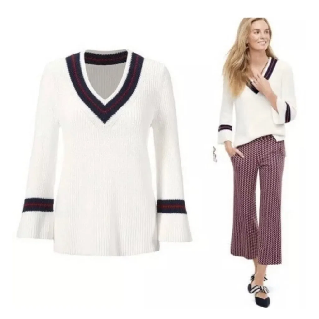 CABI Women's Faye Ace Bell Sleeve V-Neck Knitted Sweater Size L - Image 2