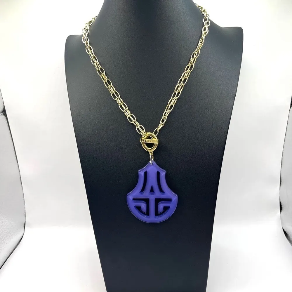 Zenzii Blue Scroll Double Strand Toggle Gold Tone Necklace Statement Big Bold - Image 5