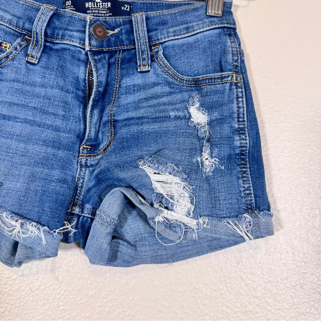 Hollister Blue Mid Rise Jean Shorts Womens 23 3in Denim Distressed Summer Beachy - Image 6
