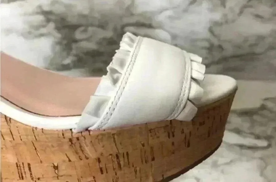 Kate Spade White‎ Ruffled Leather Tomas Cork Platform Wedge - Image 8