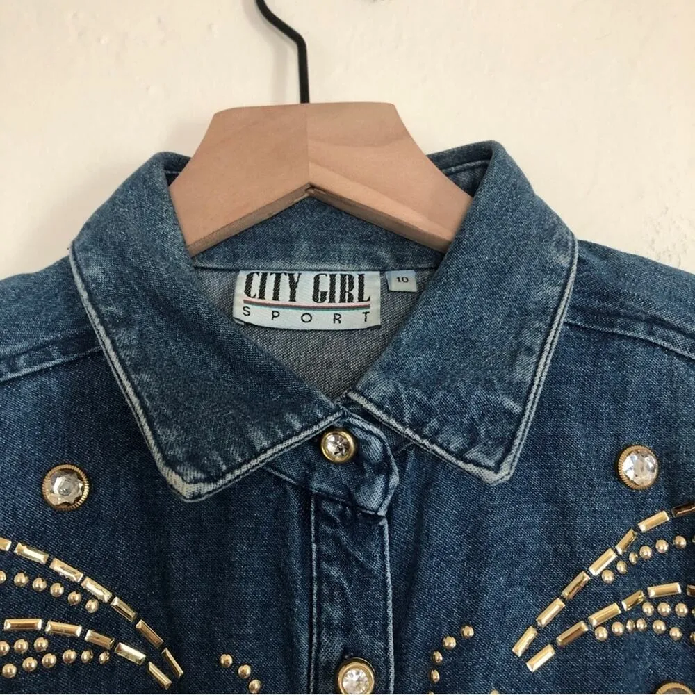 Vintage City Girl Sport Denim Beaded Three Piece Skirt Top Jacket Set Outfit Blue Size 10 - Image 6