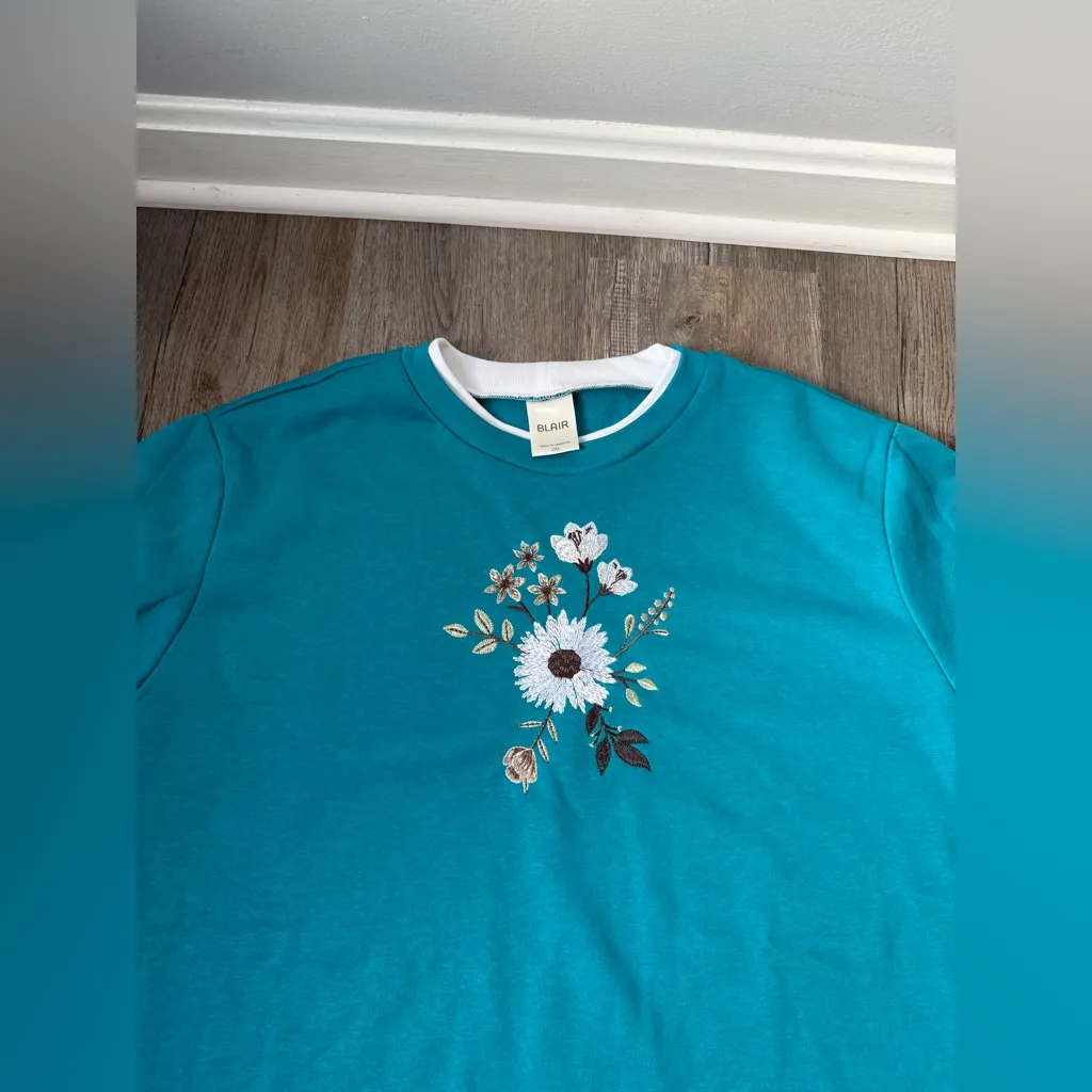 VTG Blair Floral Embroidered Sweatshirt Hippie Boho Teal Blue White Size 2XL - Image 3
