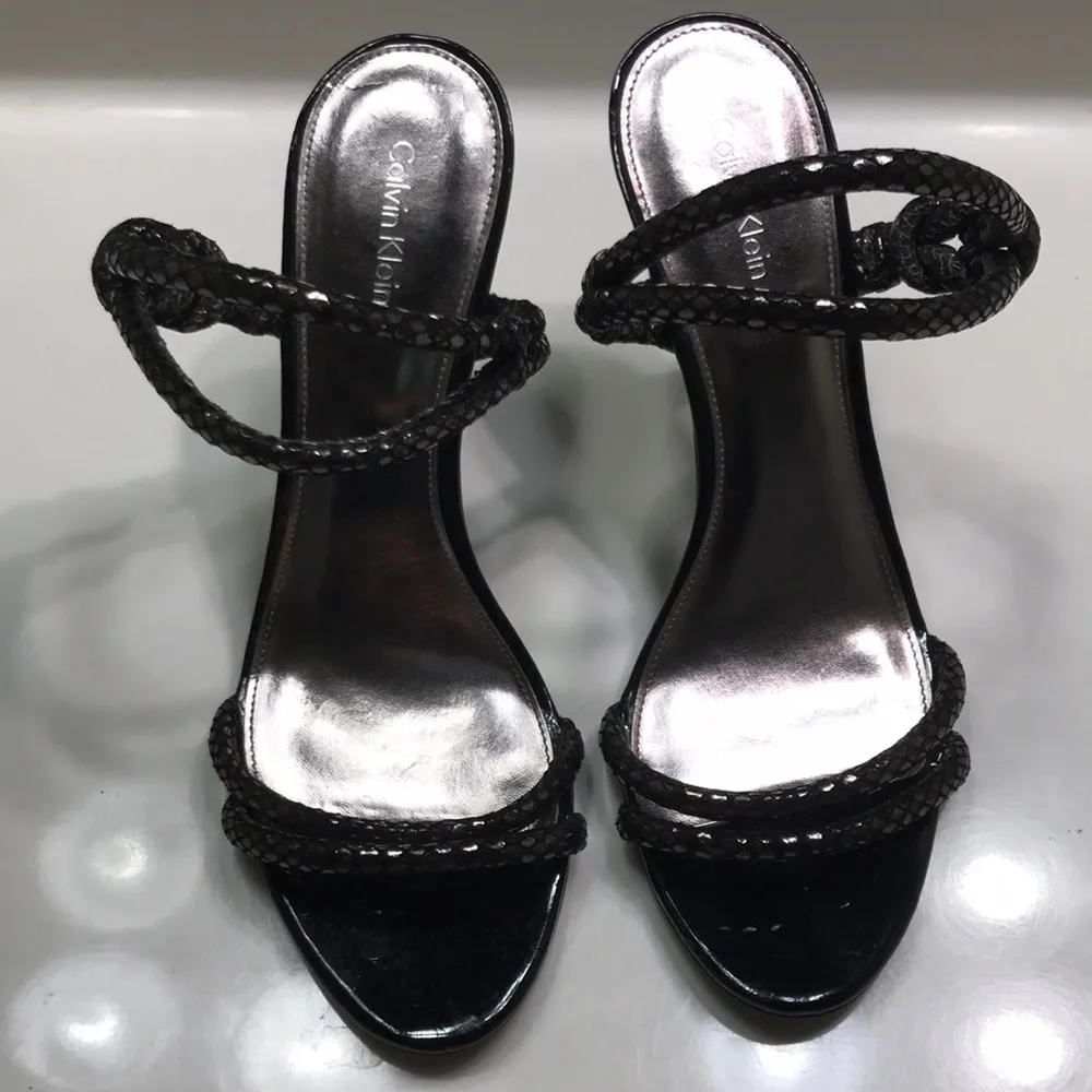 Calvin Klein Women’s Amber Black Silver Metallic Strappy Rope Stiletto Heels - Image 2