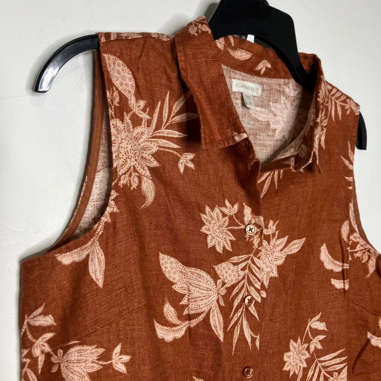 Garnet Hill 100% linen shirt dress rust cream floral pattern women's size 10 - Image 2