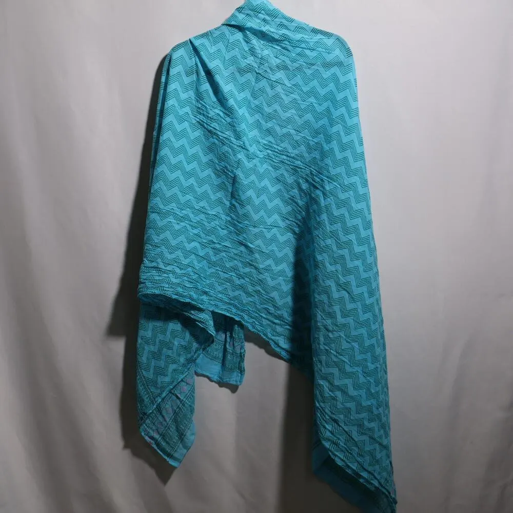 Blue Hand Painted Chevron Scarf Wrap Shawl Throw Pink Flowers Boho Lightweight - Image 6