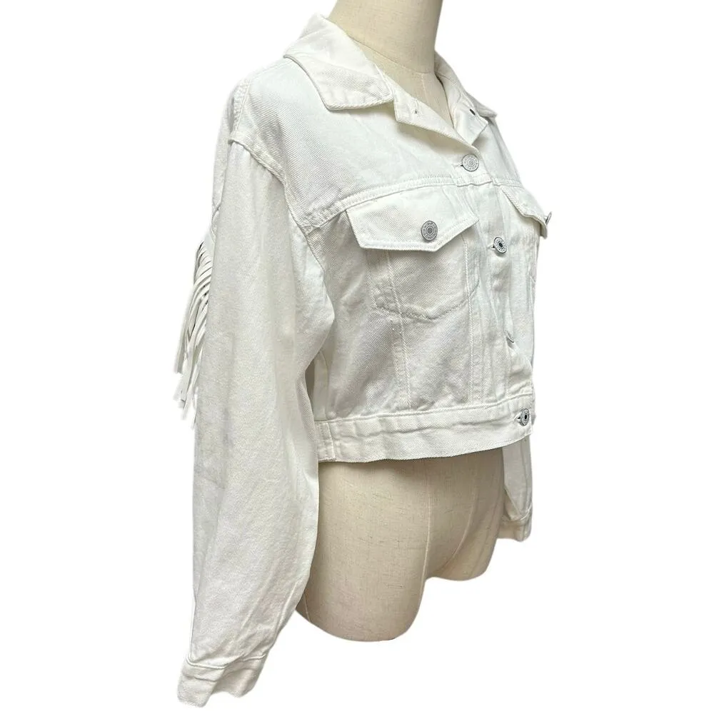 LA BIZ FREE PEOPLE Small White Fringe Button Crop Denim Jacket Western Festival - Image 4