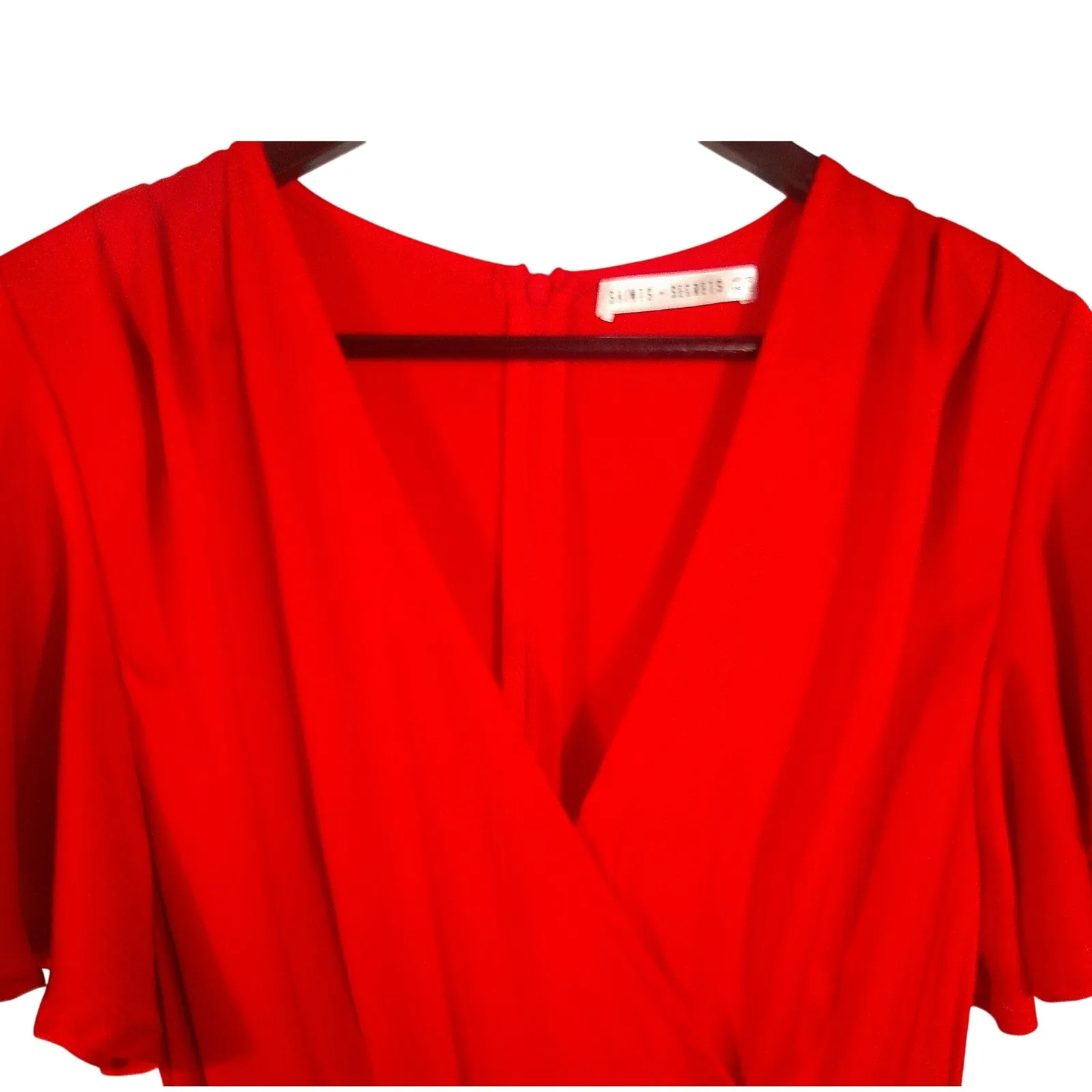 Saints + Secrets Red Flutter Sleeve Wrap Ruffle Hem Tie Belt Dress Size L - Image 3