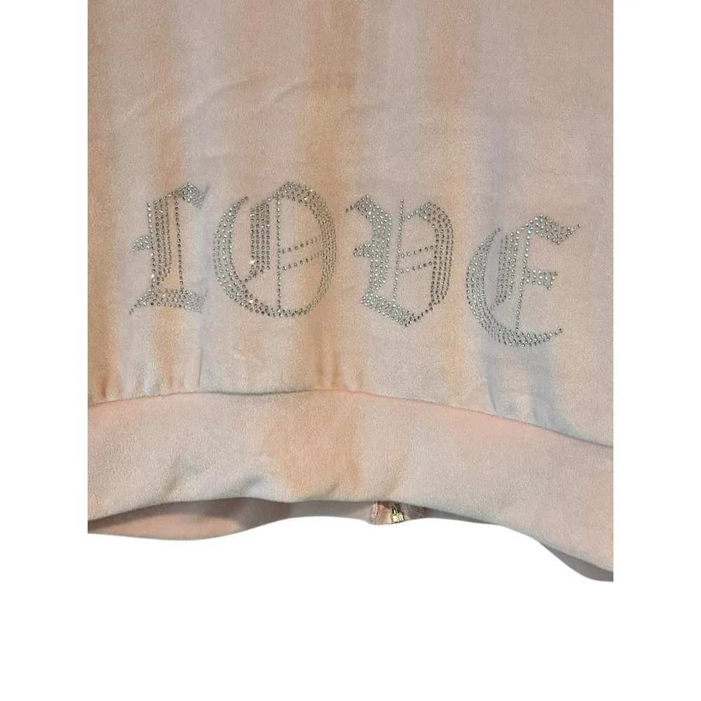 Refuge Hoodie Jacket Womens Size Small Pink Velvet Velour Full Zip Rinestone NEW - Image 11