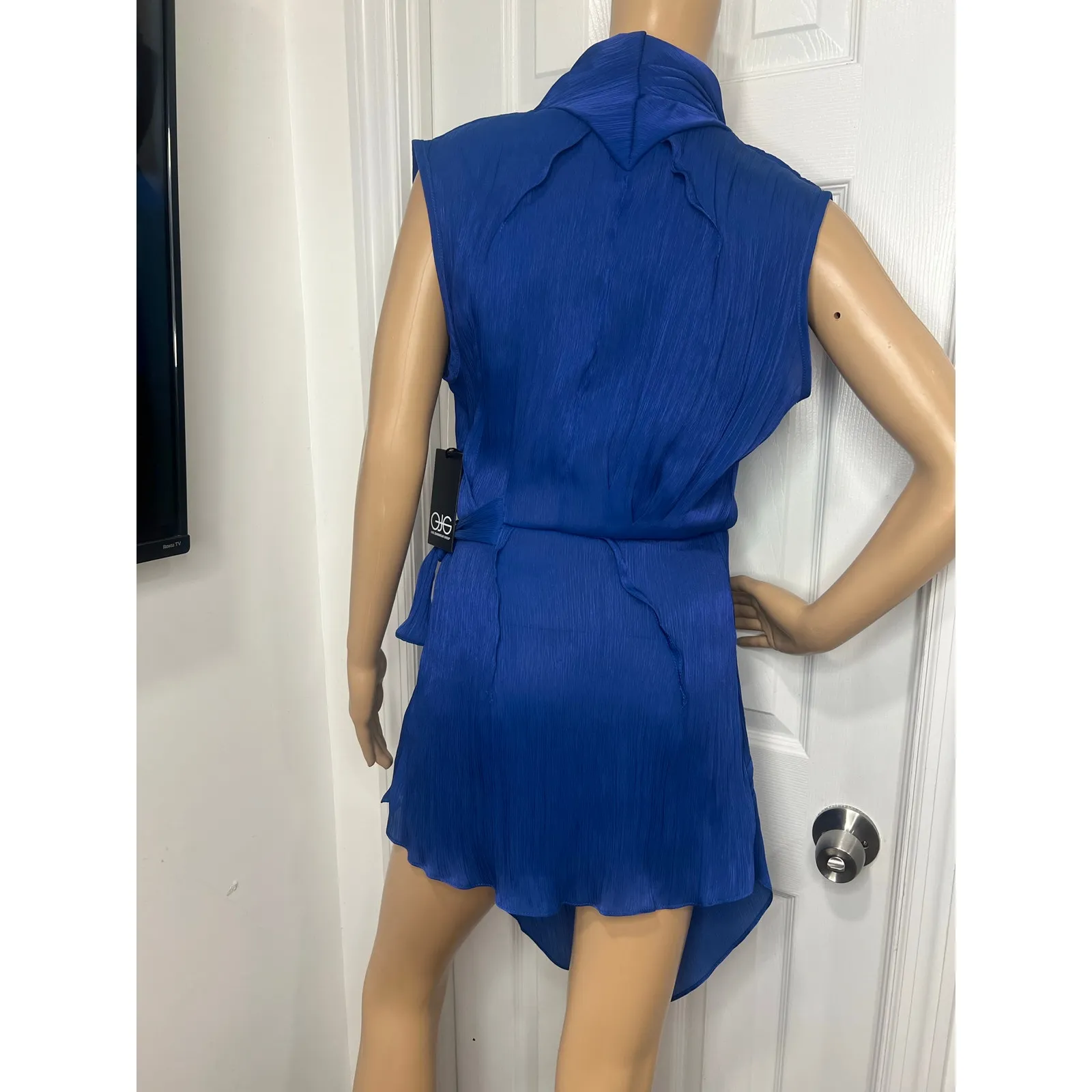 Dee Ocleppo Wrap Crinkle Asymmetrical Sheer Short Dress Blue Medium 8 - Image 4