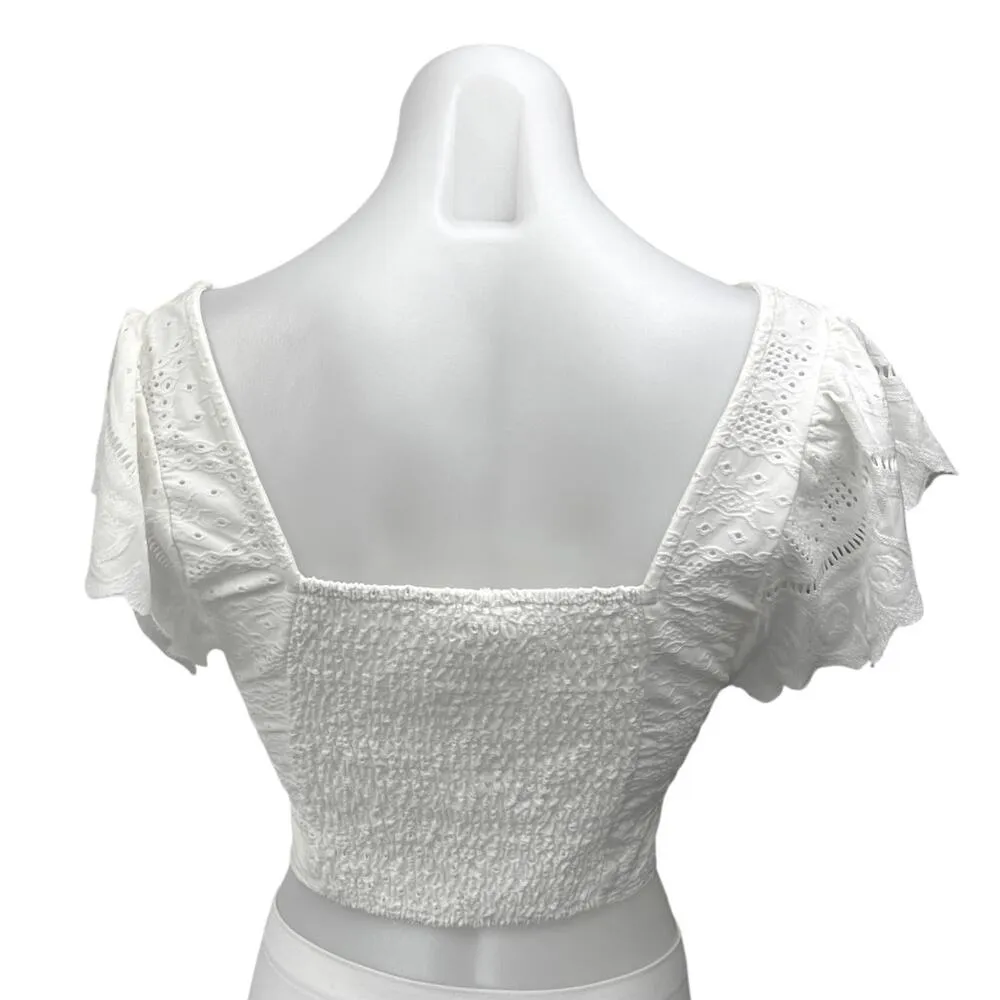 Urban Romantics White Eyelet Frill Flutter Sleeve Smocked Wrap Blouse Crop Top M - Image 2