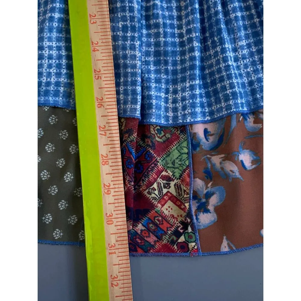 John Mark Roll Tab Blue Beaded Tassel Tie Front Smocked Patchwork Hem Size XL - Image 15