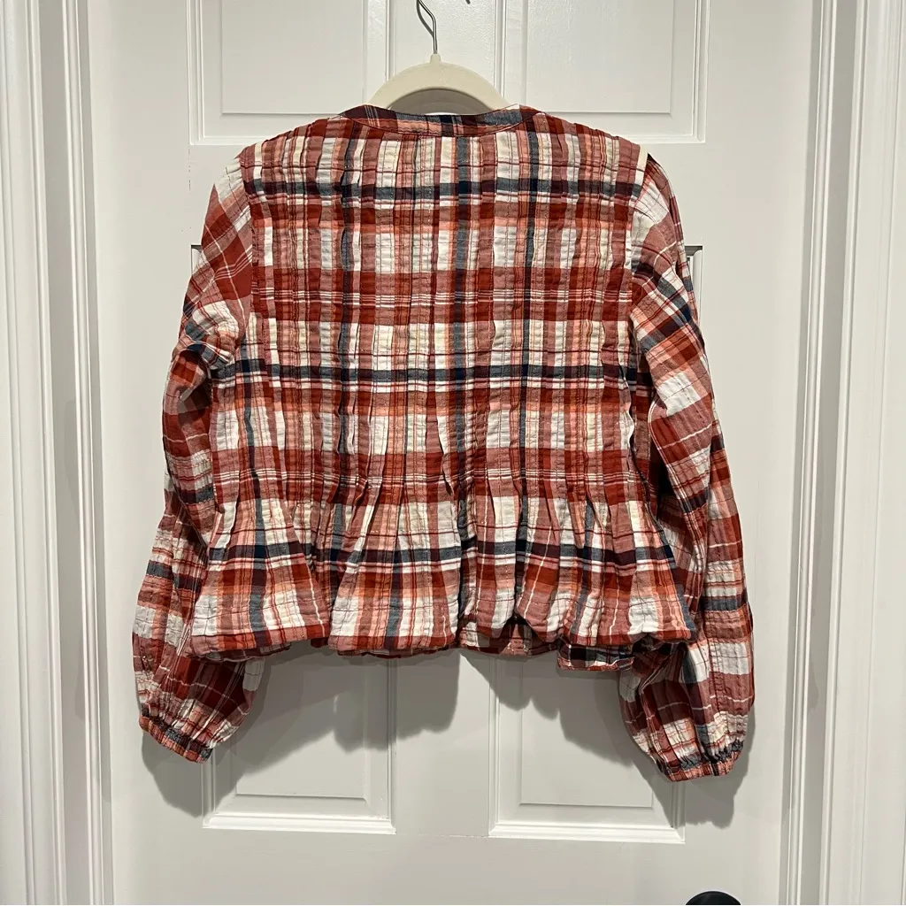 Anthropologie Pilcro Long Sleeve Pleated Swing Blouse Medium Plaid Rust Ivory Red - Image 4