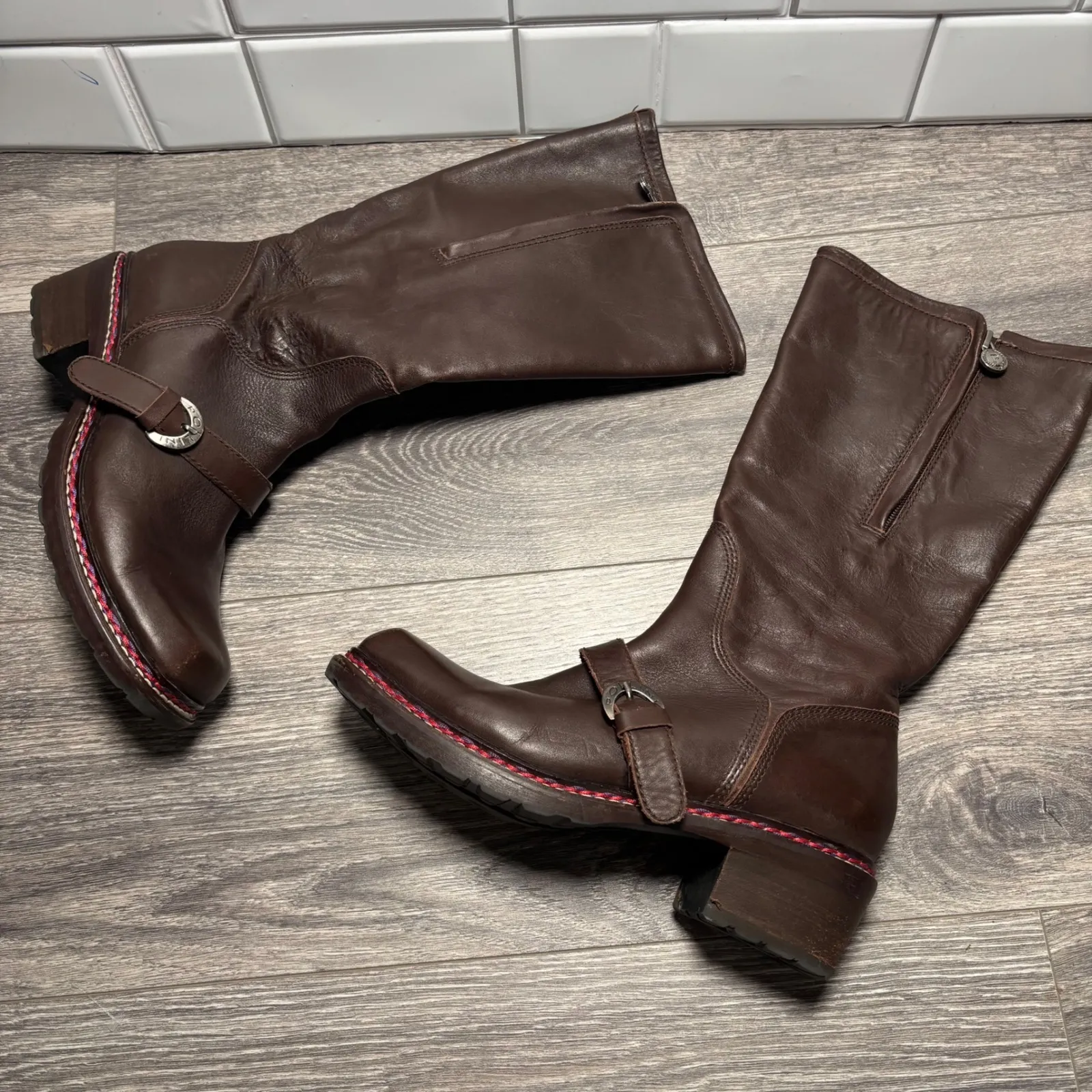 Pollini Brown Leather Motorcycle Boots Square Toe Buckle Side Zip EU38 US 7.5 - Image 4