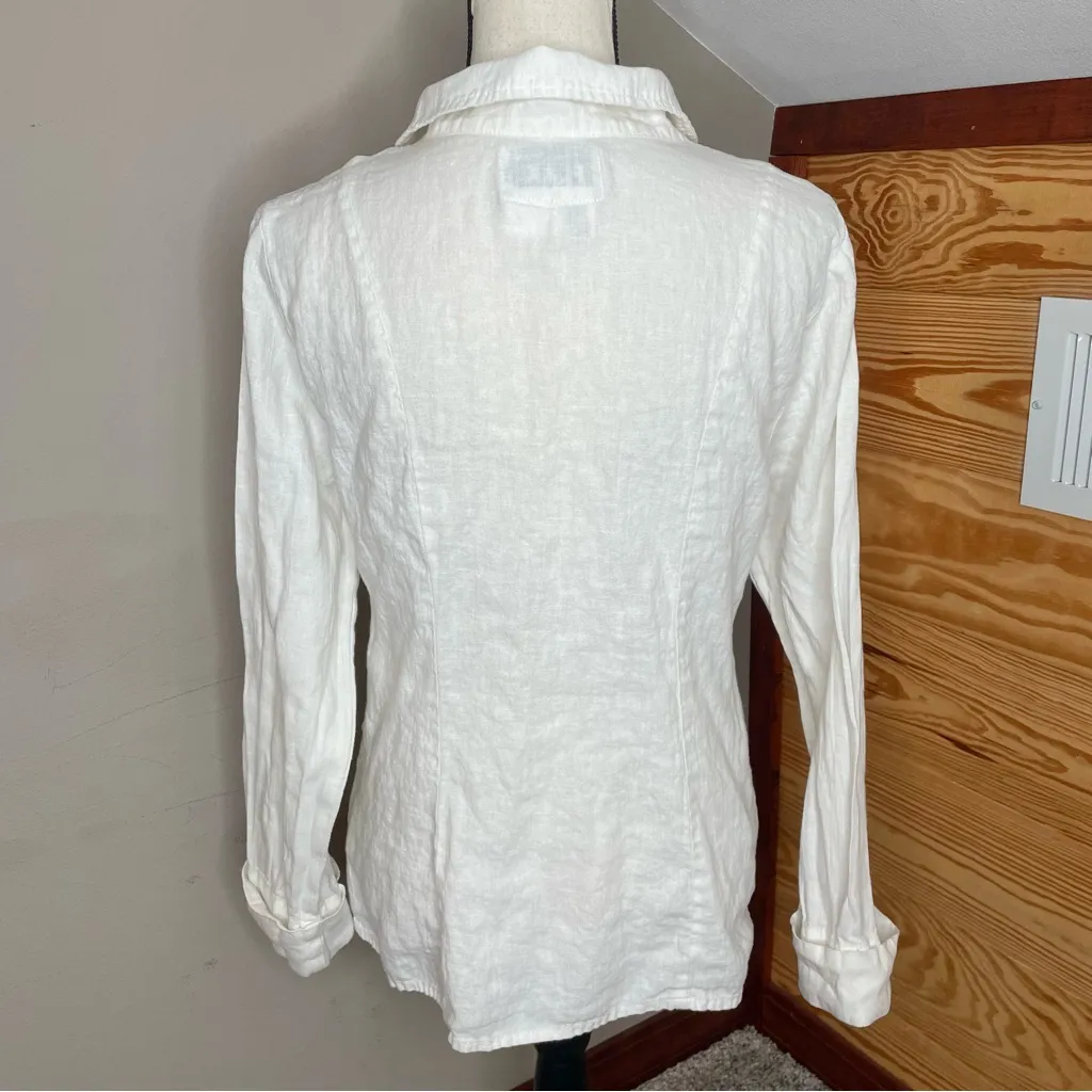 Flax 100% Linen Collared Button Up Long Sleeve Shirt Blouse Small S Cream White - Image 2