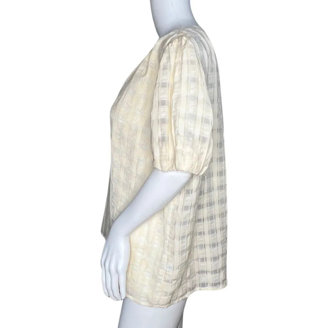 Current Air Womens Small Cream Checker Jacquard Puff Sleeve Top Sheer Bohemian - Image 3