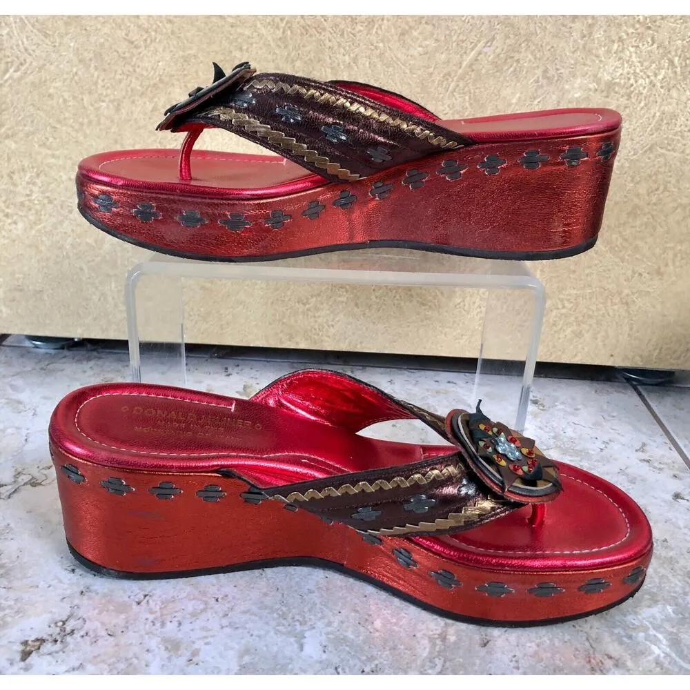 Donald Pliner Couture Peace Metallic Leather Shoe NIB 8.5 Wedge Thong $345 New Orange - Image 6