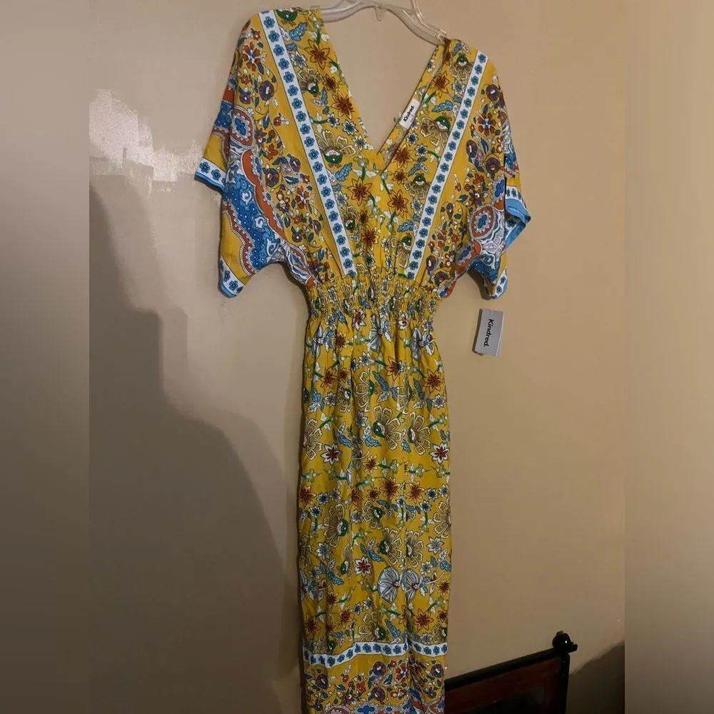 NWT kindred Anthropologie yellow gold floral maxi dress small - Image 4