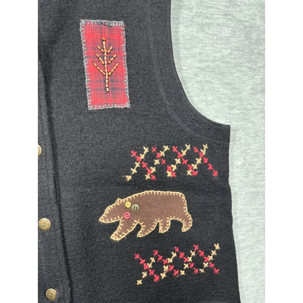 Woolrich Womens 100% Wool Vest L Black Cabin Patchwork‎ Bear Tree Buttons Rustic - Image 4