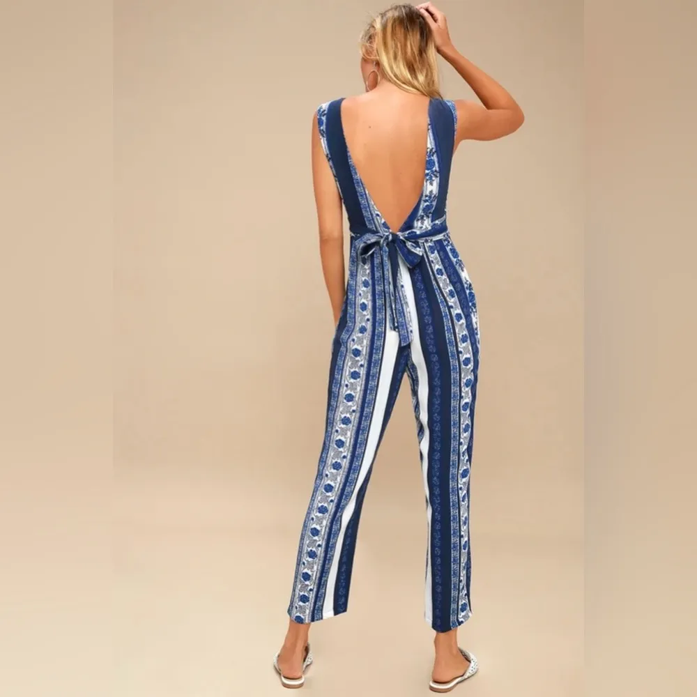 Free People All Shook Up Blue Floral Combo Deep V One Piece Jumpsuit - Image 2