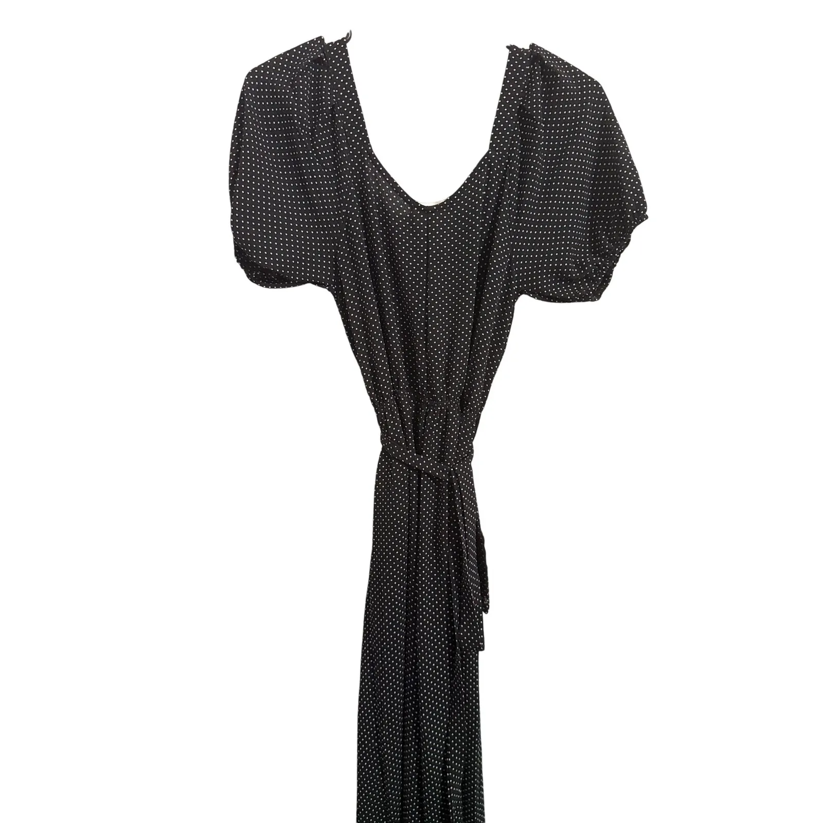 Monteau‎ Black White Polka Dot Puff Sleeve Midi Dress Button Front Tie Waist S - Image 5