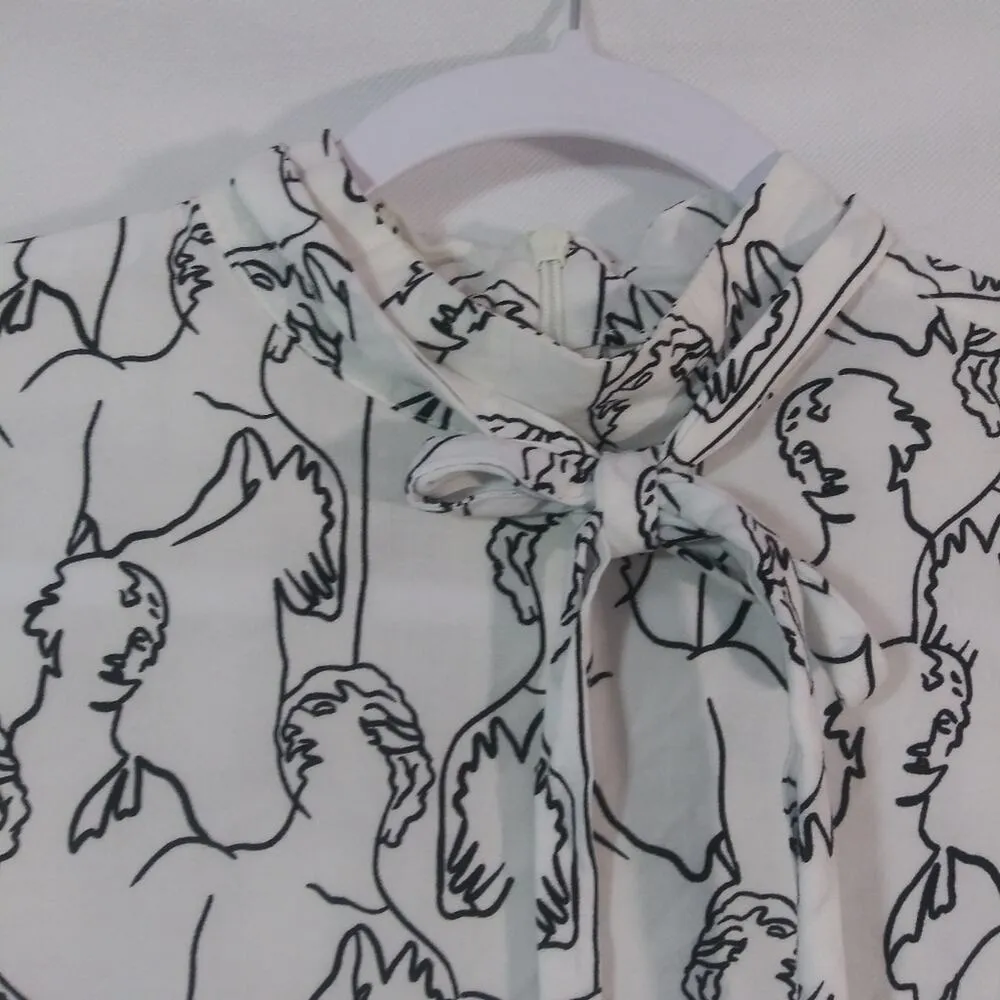 Asos White Tie Neck Artsy Abstract Print Man Long Sleeve Blouse Size Small - Image 3