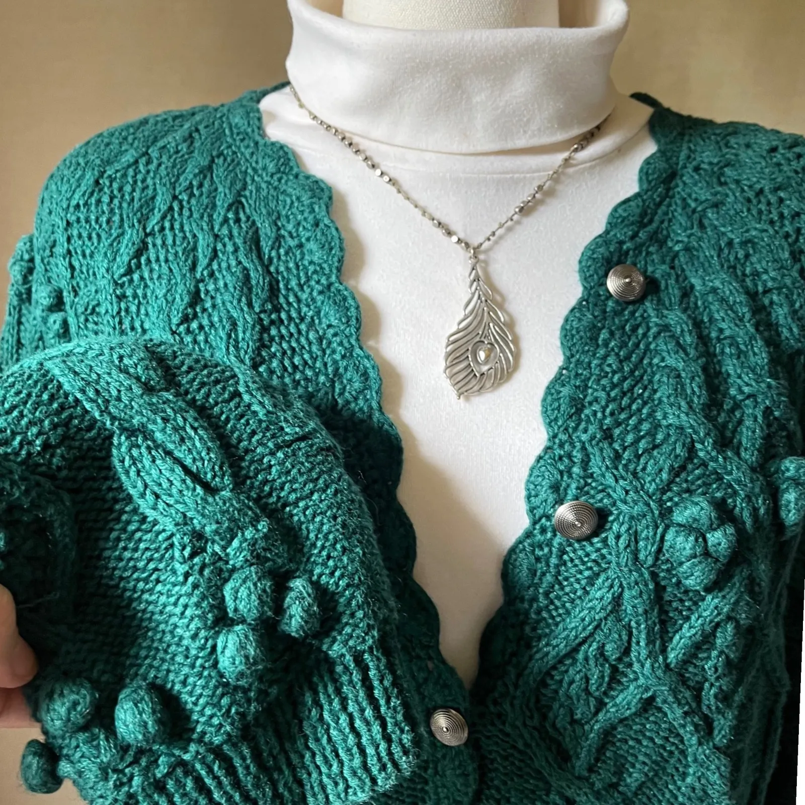 Vintage Northern‎ Isles Hand Knit Teal Bobble Cardigan Sweater Cotton Blend M Green Size M - Image 4
