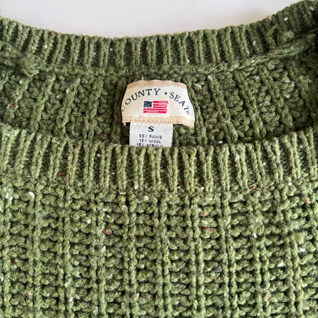 Vintage 90s County Seat Olive Green Ramie Cotton Chunky Knit Crop Sweater S - Image 6