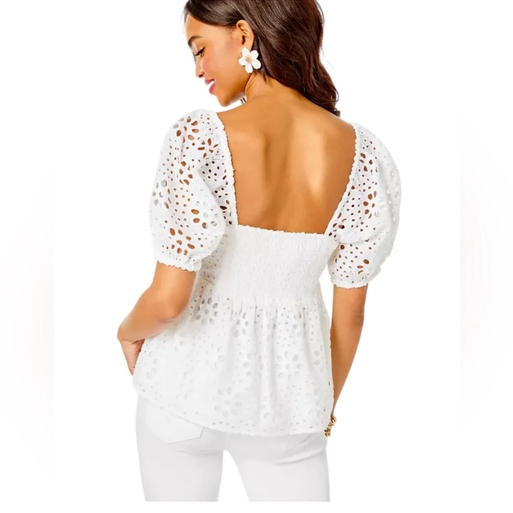 Lilly Pulitzer Kay White Eyelet Blouse Puff Sleeve Cotton Square Neck Size 00 - Image 3
