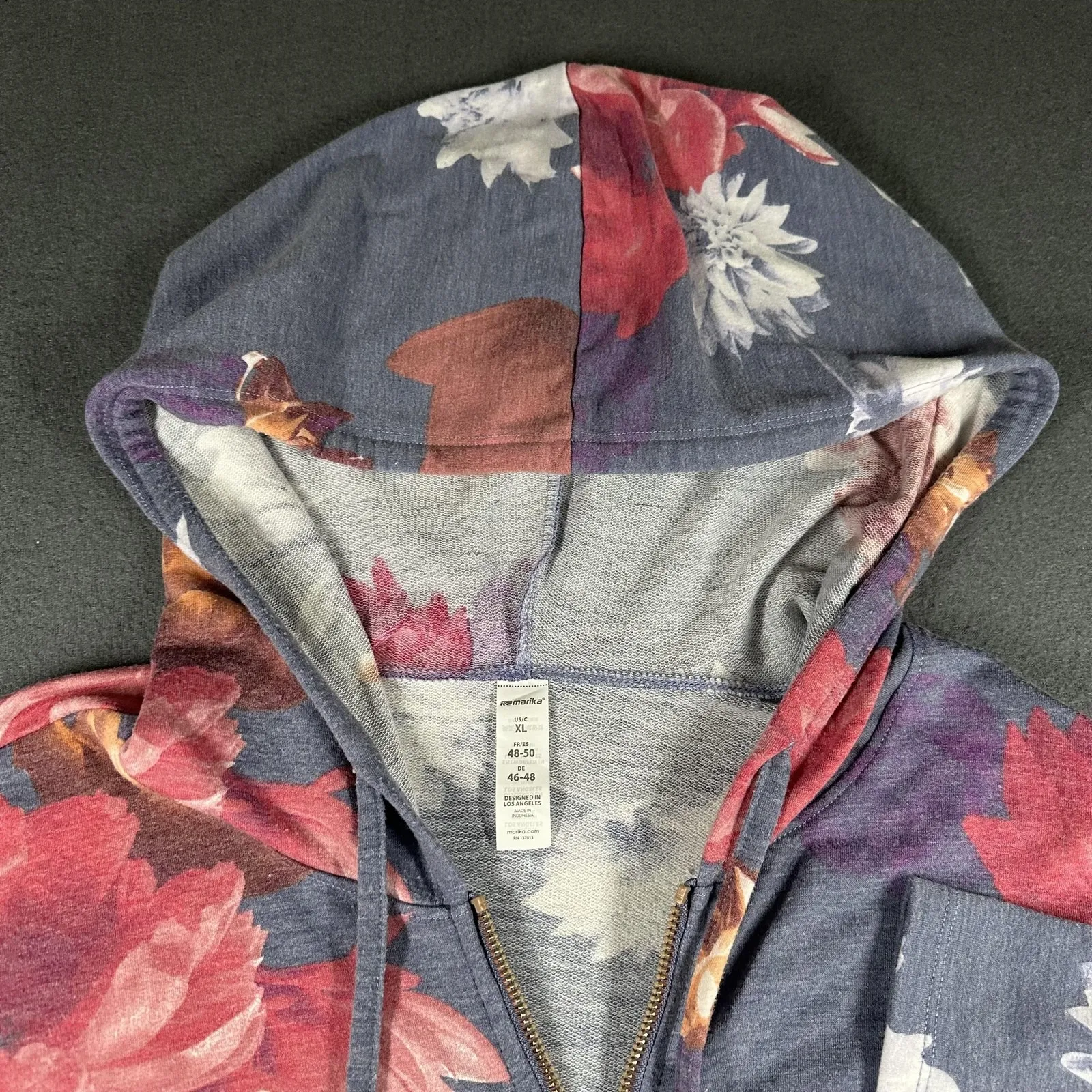Marika Hoodie Womens XL Blue Floral Print Full Zip Lightweight Jersey Sweatshirt - Image 3