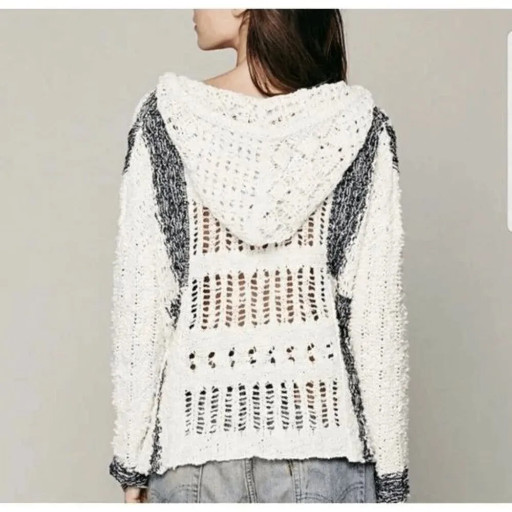 Free People Cali Love Striped Navy Blue Ivory Crochet Hoodie Knit Sweater Small - Image 10
