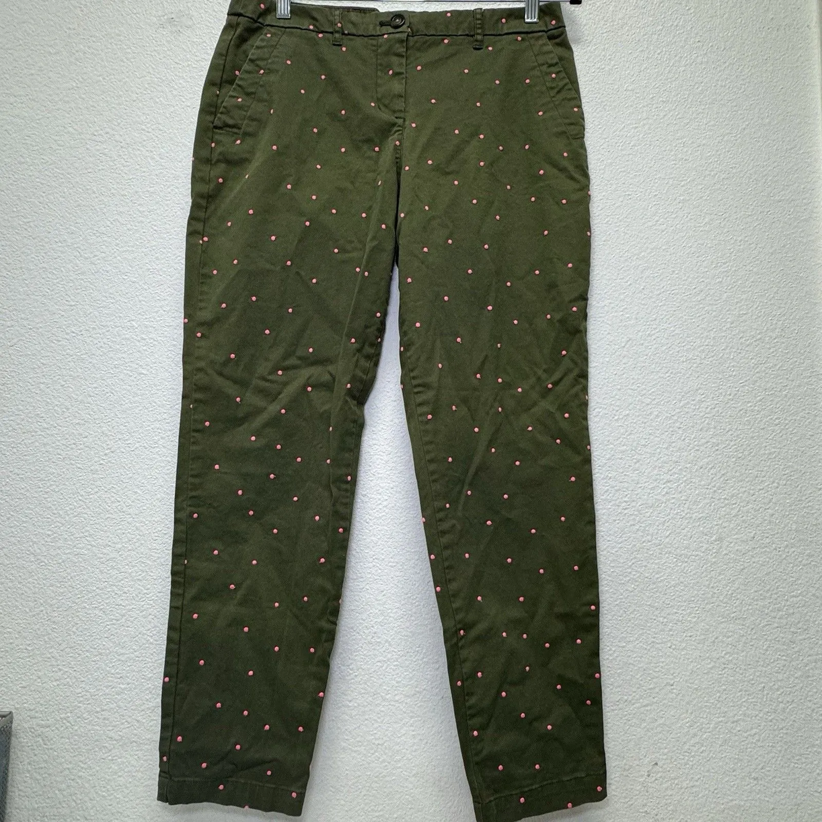 Boden Richmond Ankle Pant Womens Forest Green Hot Pink Polka Dot Embroidered 12P - Image 4