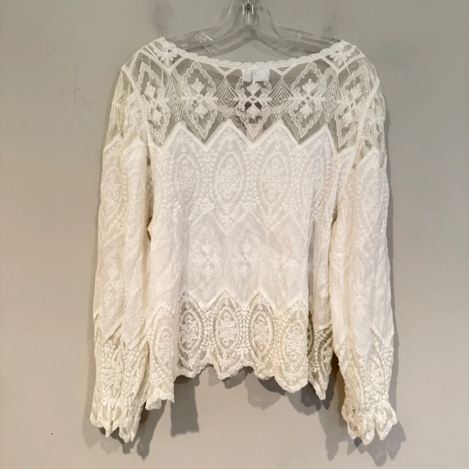 Bluivy Scallop Hem Embroidery Lace Blouse Women's Large Ivory Boho Hippie Dainty White - Image 12