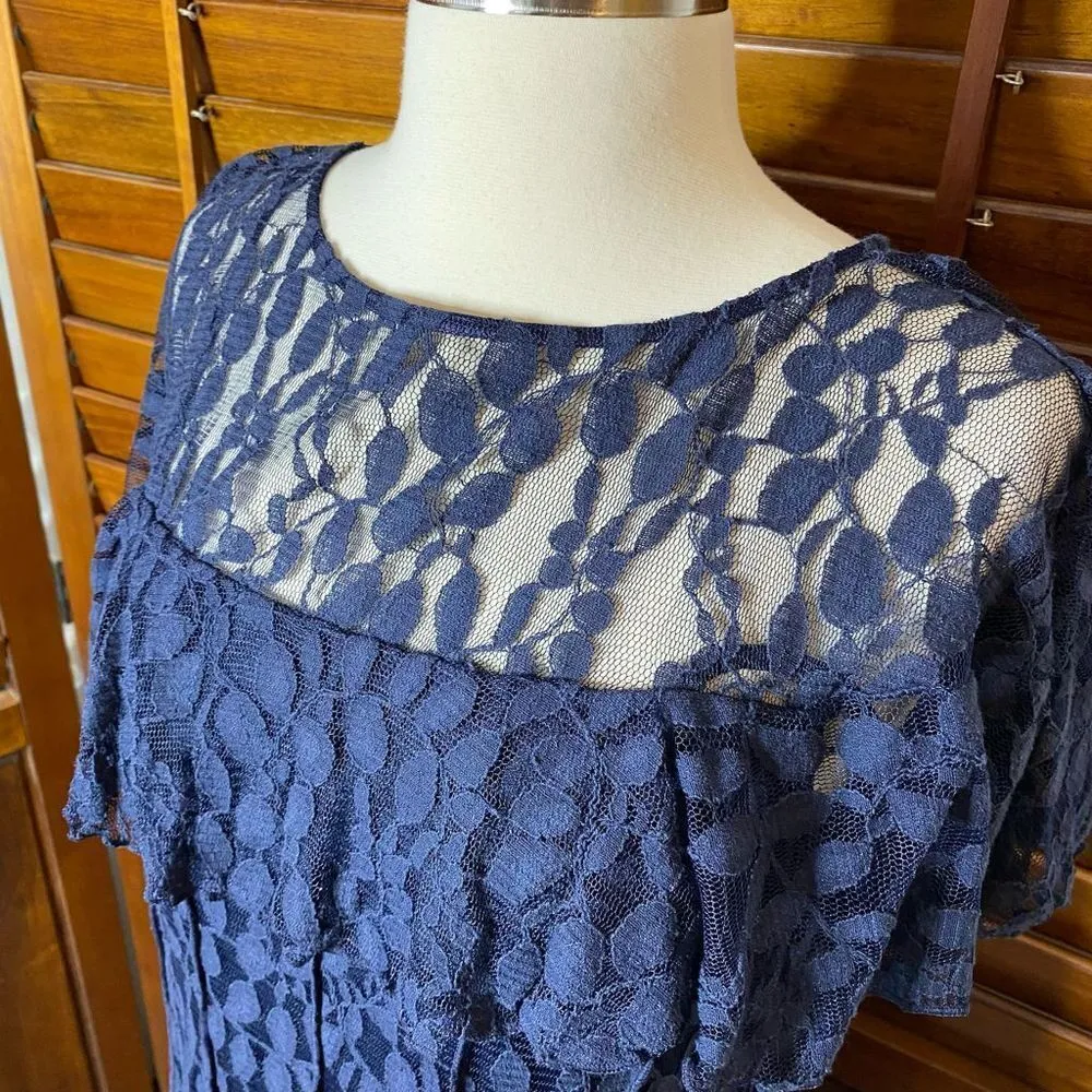 Jessica Howard Navy Lace Shoulder Ruffle Cocktail Dress - Image 5