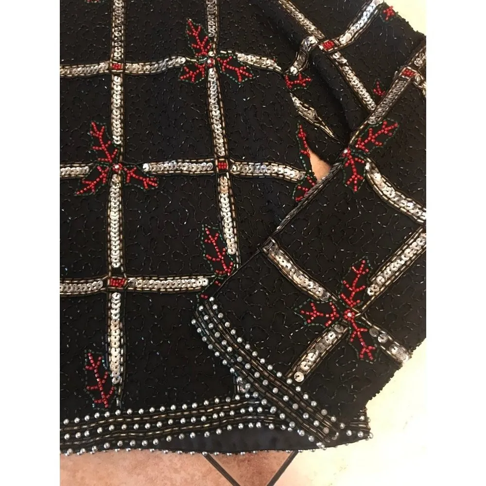 Vintage scala beaded and sequin poinsettia flower cardigan holidays party - Image 8