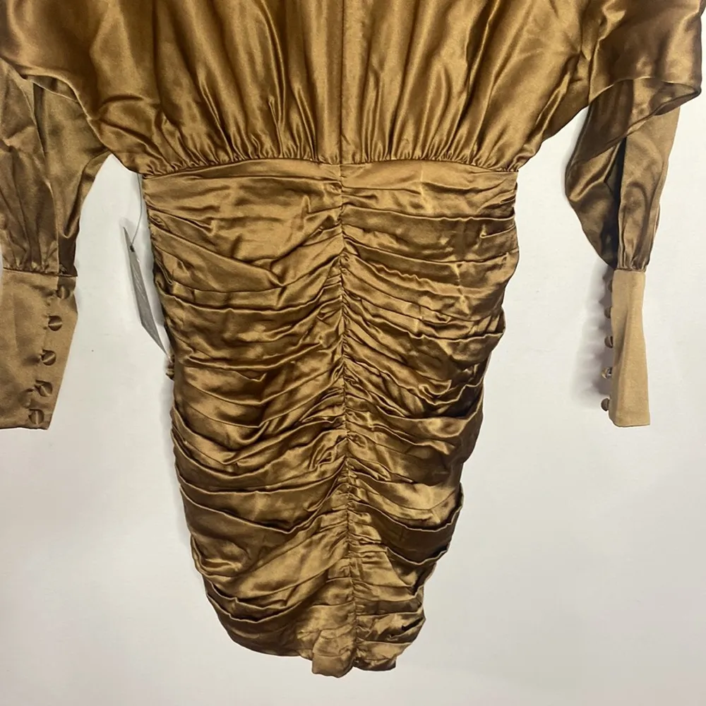 Retrofete Barbara silk ruched mini dress in olive army hue size XS - Image 6