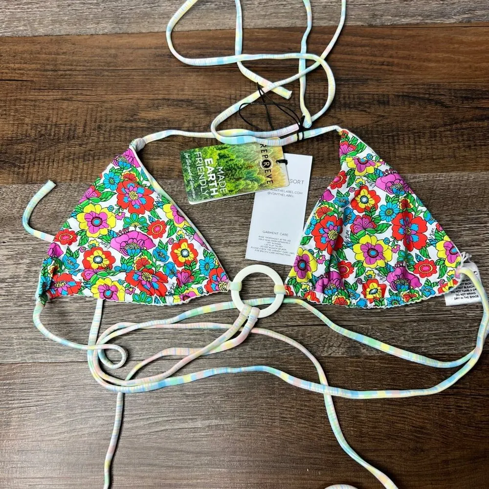 NWT Revolve VDM The Label Ziggy Reversible Bikini Top Pastel Plaid Retro Floral Pink Size XL - Image 4