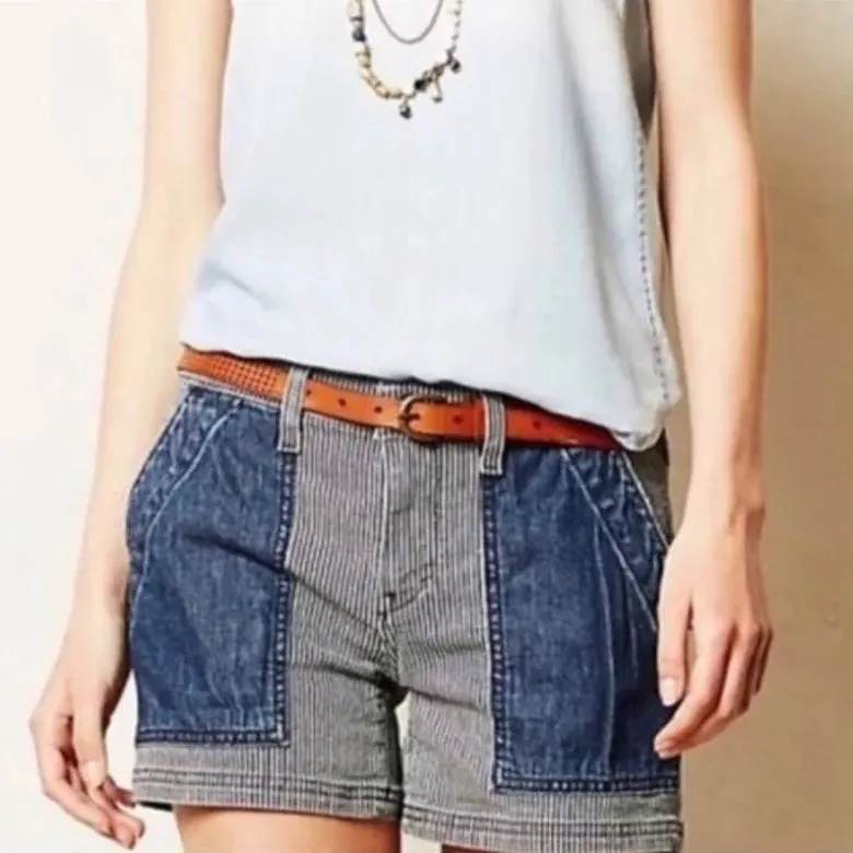 ANTHROPOLOGIE Pilcro and the Letterpress Railroad Stripe Denim Shorts Size 31 - Image 12