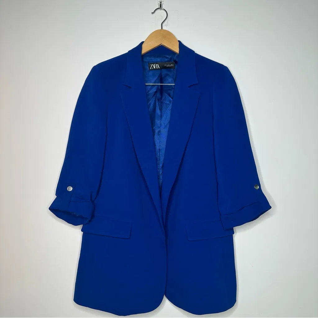 ZARA  Cobalt Blue Oversized Roll Sleeve Open Front Blazer Size Small - Image 2