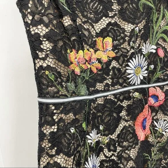 Lace‎ Bodycon Floral Dress Size 2 Sleeveless Black Embroidered Flowers Feminine - Image 4