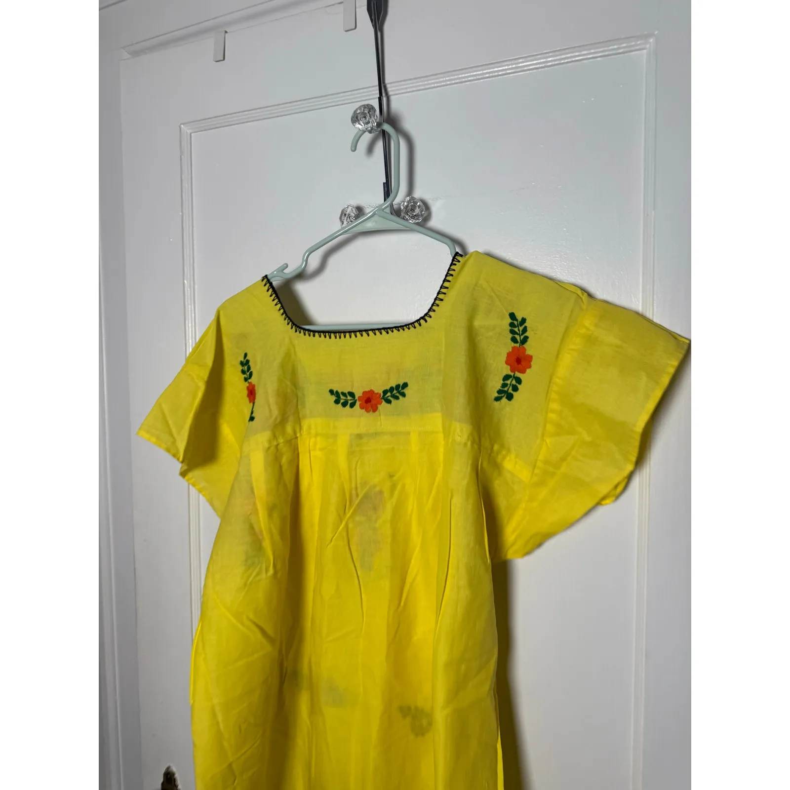 Vintage 70s Hand Embroidered Mexican Oaxaca Dress Yellow Floral Midi Medium - Image 8